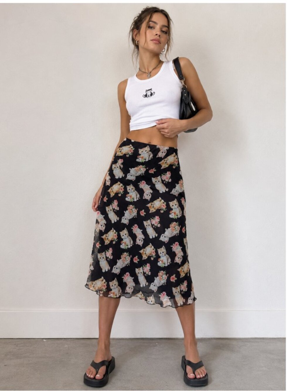 Hot Topic Cat Kitten Midi Skirt XS Y2K Cottagecore Black Pink Grunge Floral Mesh
